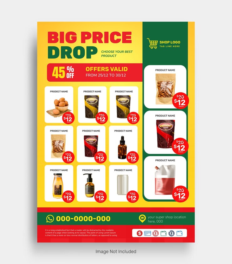 Vecteur modèle de bannière de catalogue de vente de produits de supermarché et de brochure de vente d'épicerie