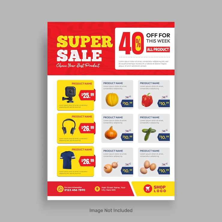 Vecteur modèle de bannière de catalogue de vente de produits de supermarché et de brochure de vente d'épicerie