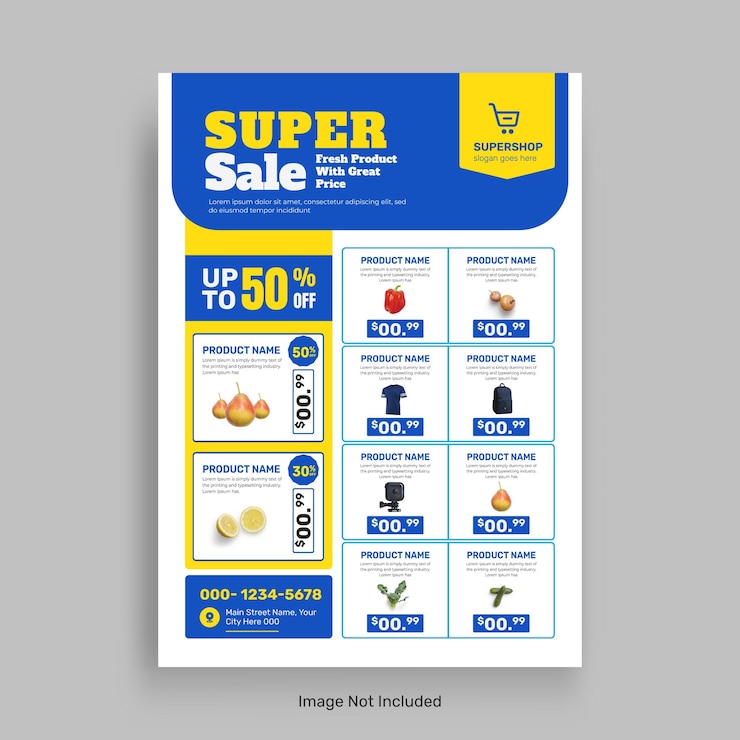 Vecteur modèle de bannière de catalogue de vente de produits de supermarché et de brochure de vente d'épicerie