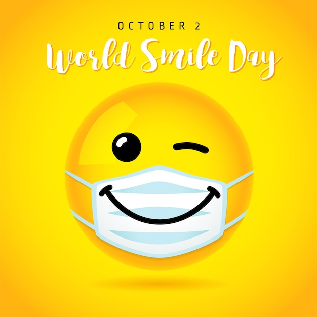 Vecteur modèle de bannière de clin d'octobre happy world smile day. sicon jaune dans un masque médical, signe de grippe saisonnière