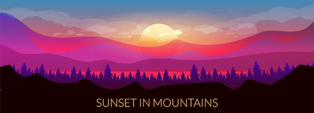 Modèle de bannière de couleur plat coucher de soleil dans les montagnes