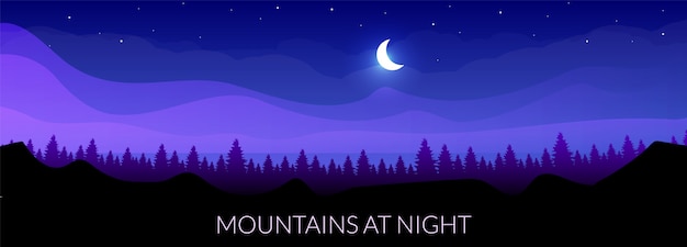 Modèle de bannière de couleur plat de montagnes la nuit