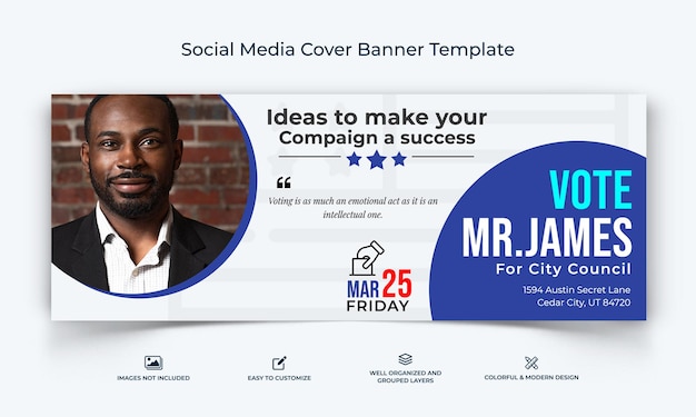 Modèle de bannière de couverture facebook de médias sociaux de campagne politique vecteur premium