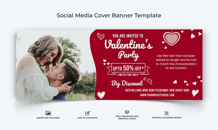Vecteur modèle de bannière de couverture facebook de médias sociaux saint valentin vecteur premium