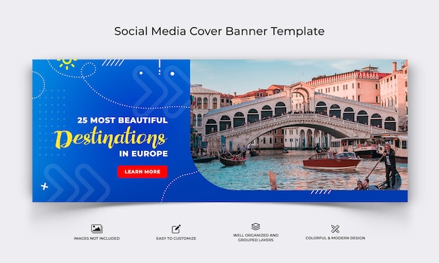 Modèle de bannière de couverture Facebook de médias sociaux de voyage Vecteur Premium