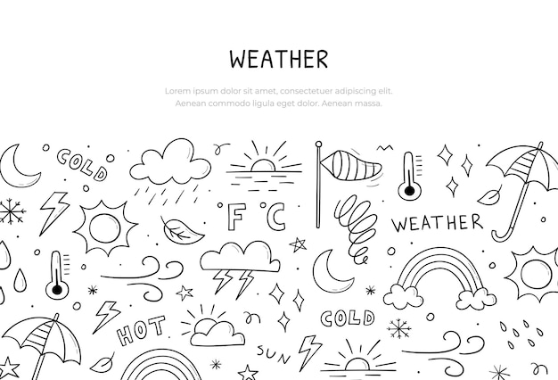 Modèle De Bannière Dessiné à La Main Avec Des Objets Et Des éléments Météorologiques Illustration Dans Le Style De Croquis De Doodle Contient Le Signe Du Soleil Nuages Flocons De Neige Vent Pluie Lune Foudre Et Plus