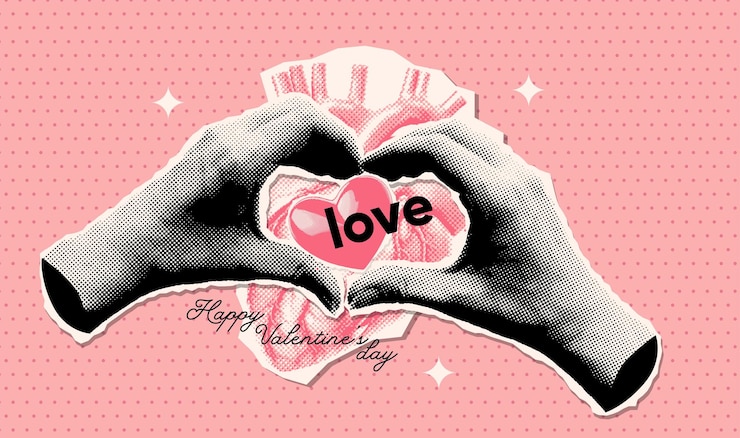 Vecteur modèle de bannière du jour de la saint-valentin avec collage d'art à la mode avec des autocollants déchirés de papier mains féminines