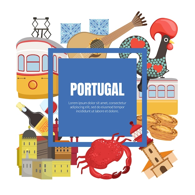 Vecteur modèle de bannière du portugal avec des monuments portugais et des symboles nationaux illustration vectorielle