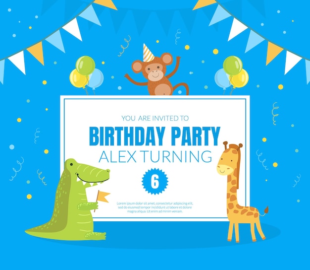 Vecteur modèle de bannière de fête d'anniversaire affiche de carte d'invitation avec une illustration vectorielle d'animaux africains mignons