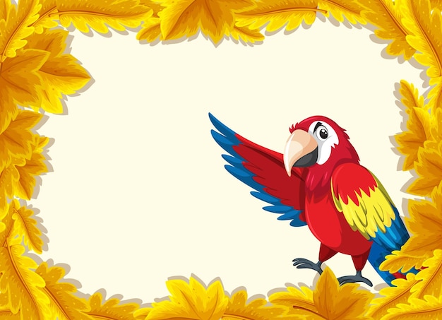 Modèle de bannière de feuilles jaunes avec personnage de dessin animé d'oiseau perroquet