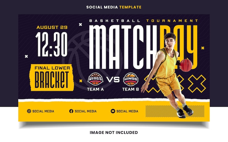 Vecteur modèle de bannière de flyer de tournoi sportif de basket-ball le jour du match avec logo pour les médias sociaux