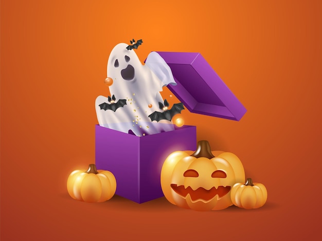 Modèle de bannière d'Halloween avec des citrouilles drôles en 3d, des bonbons, des chauves-souris fantômes volant hors de la boîte sur un fond orangeModèle de site Web effrayant avec un espace pour le texte