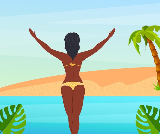 Vecteur modèle de bannière d'heure d'été avec femme dans la piscine belle femme femme en maillot de bain debout avec les bras tendus sur fond tropical