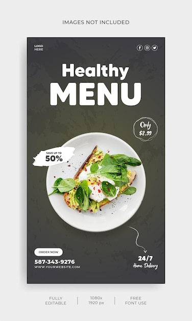 Modèle De Bannière D'histoire Instagram De Médias Sociaux De Promotion De Menu Sain Vecteur Premium