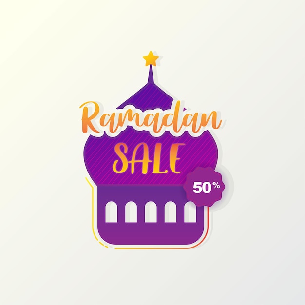 Modèle De Bannière D'insigne D'étiquette De Vente Du Ramadan Avec Fond De Conception De Couleur Mosquée Et Violet