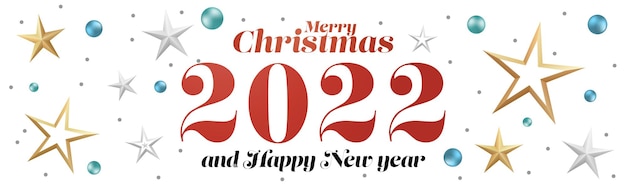 Modèle De Bannière Joyeux Noël Et Bonne Année 2022. Conception Horizontale Avec Des Ornements De Noël En Trois Dimensions Et Illustration Vectorielle De Texte De Voeux Lettrage