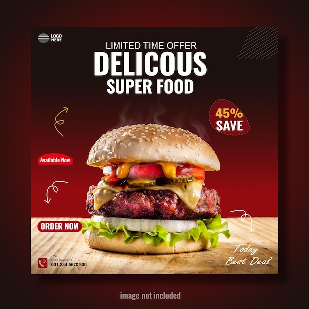 Modèle de bannière de médias sociaux délicieux burger et menu alimentaire