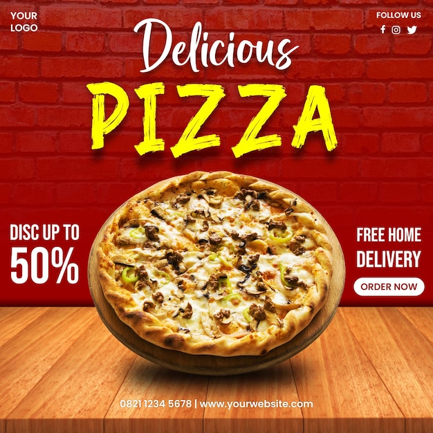 Un modèle de bannière de médias sociaux pour une délicieuse pizza