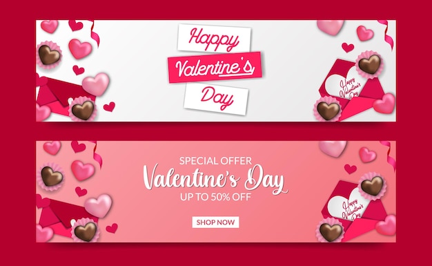 Modèle de bannière d'offre de vente de Saint-Valentin avec illustration de lettre d'amour et d'enveloppe de cupcake de bonbons sucrés