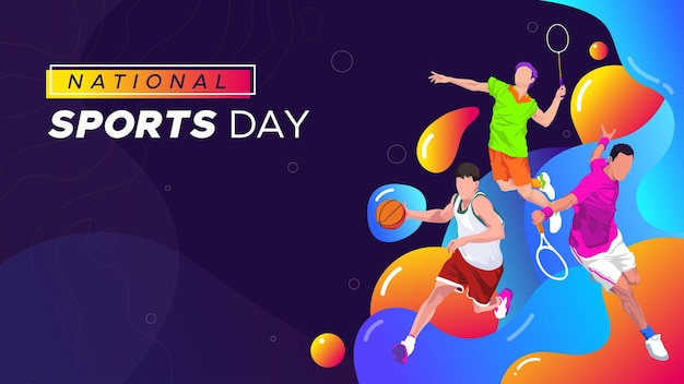 Modèle de bannière pour la journée nationale des sports, football, basket-ball, tennis et volley-ball