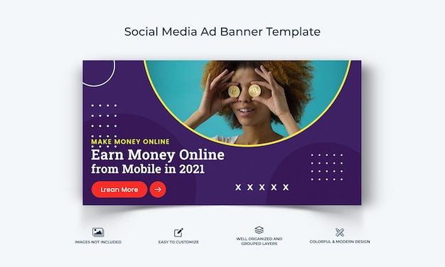 Vecteur le modèle de bannière publicitaire facebook pour gagner de l'argent en ligne
