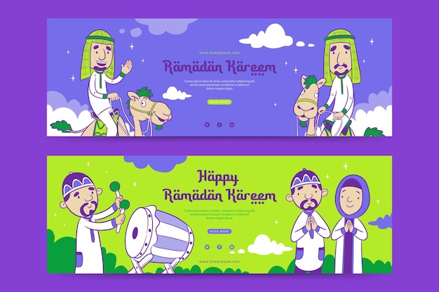 Modèle De Bannière De Ramadan Avec Le Dessin Animé Musulman Mignon