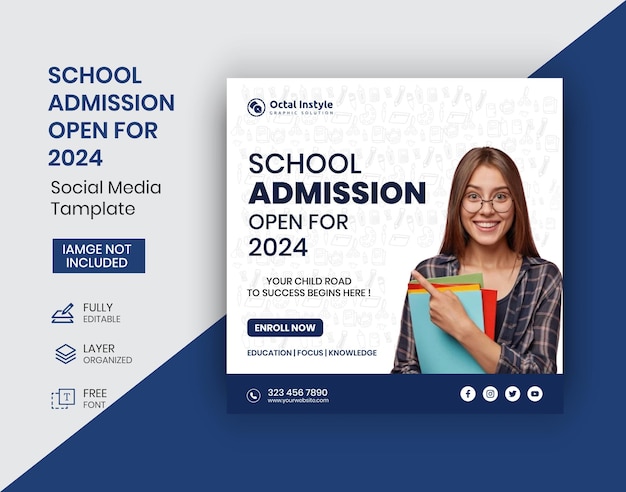 modèle de bannière sur les réseaux sociaux et sur le web pour l'admission à l'école