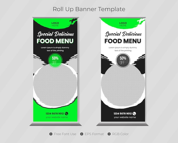 Vecteur modèle de bannière de roll up alimentaire et conception de menus de restaurant