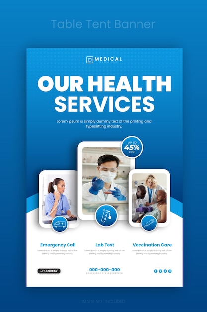 Vecteur modèle de bannière de tente de table de soins médicaux afficher le service médical sur la barre de table en couleur bleue