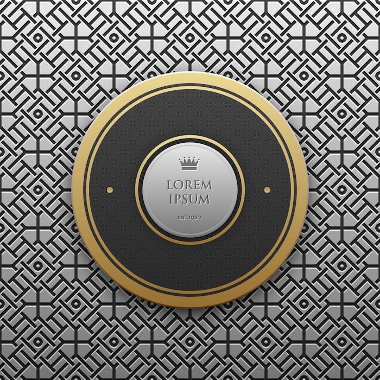 Vecteur modèle de bannière de texte rond sur fond métallique argent / platine avec motif géométrique sans soudure
