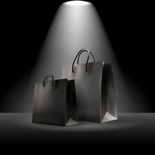 Modèle de bannière de vente du vendredi noir avec des sacs d'achat réalistes avec projecteur vectoriel
