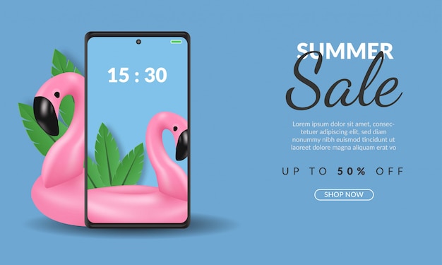 Vecteur modèle de bannière de vente d'été sur smartphone achats en ligne avec illustration de flamant rose sur fond bleu, premium