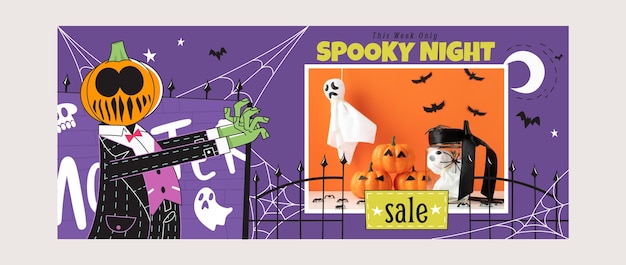 Modèle De Bannière De Vente Horizontale Dessiné à La Main Pour La Célébration D'halloween