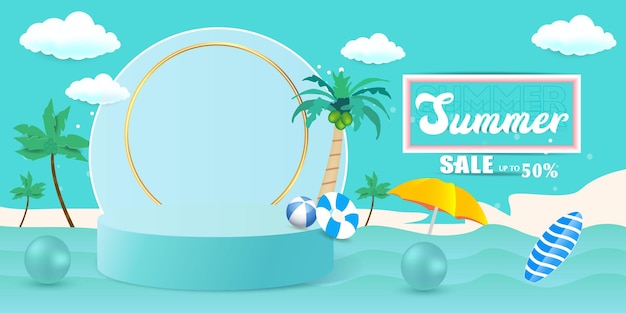 Modèle de bannière de vente spéciale d'été avec des éléments de plage et un podium 3D d'été de vacances