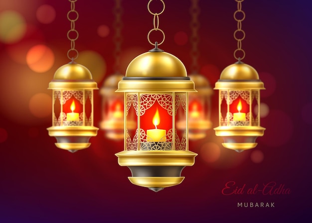 Vecteur modèle de bannière de voeux joyeux eid adha mubarak. lanterne arabe. illustration vectorielle réaliste