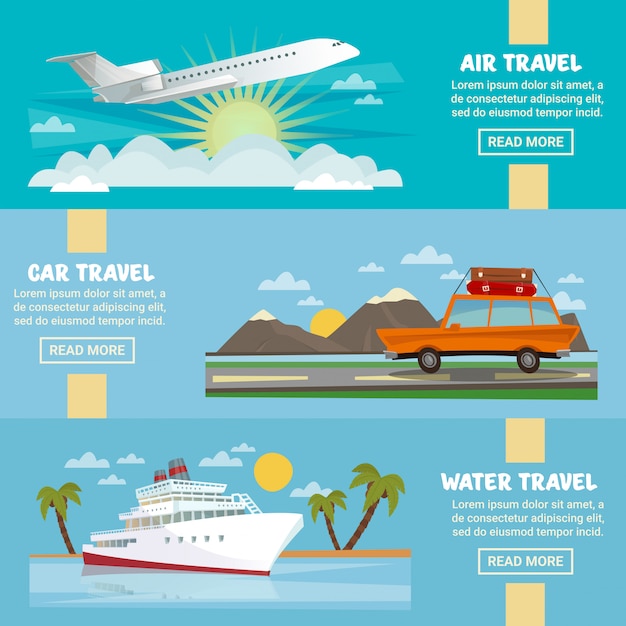 Vecteur modèle de bannière de voyage horizontal sertie d'avion, voiture et bateau