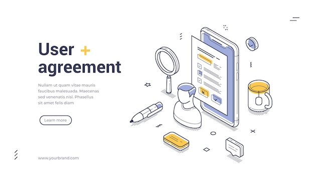 Modèle de bannière Web d'accord d'utilisateur avec des éléments de conception d'illustration vectorielle isométrique