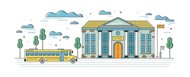 Modèle De Bannière Web Avec Bâtiment Scolaire élégant Et Bus Pour Les élèves Sur La Route. établissement D'enseignement, Système D'éducation Formelle. Illustration Vectorielle Colorée Dans Le Style Lineart.