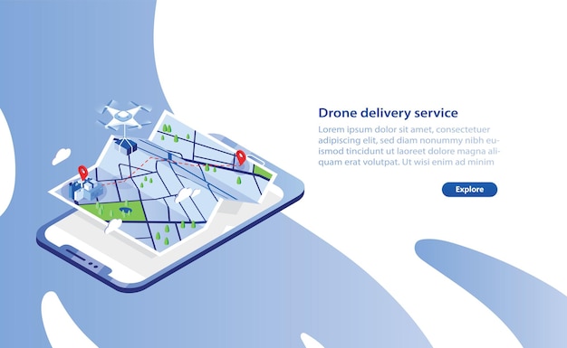 Modèle de bannière Web avec boîte de transport de drone et volant au-dessus de la carte de la ville et smartphone géant. Service de livraison avec quadrotor automatisé, appareil électronique moderne. Illustration vectorielle isométrique.