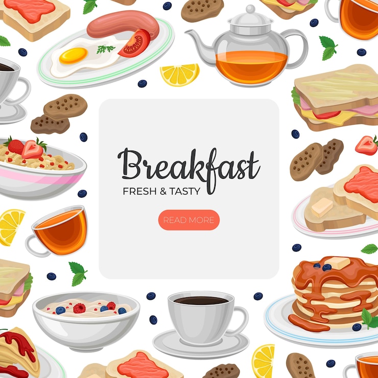 Vecteur modèle de bannière web de nourriture de petit déjeuner nourriture matinale fraîche et nutritive page d'atterrissage de café ou de restaurant