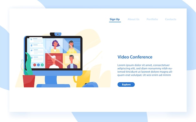 Modèle De Bannière Web Avec Ordinateur De Bureau Avec Des Collègues Participant à Une Vidéoconférence. Logiciel De Vidéoconférence Et De Communication En Ligne. Illustration Vectorielle Plane Moderne Pour Site Web.