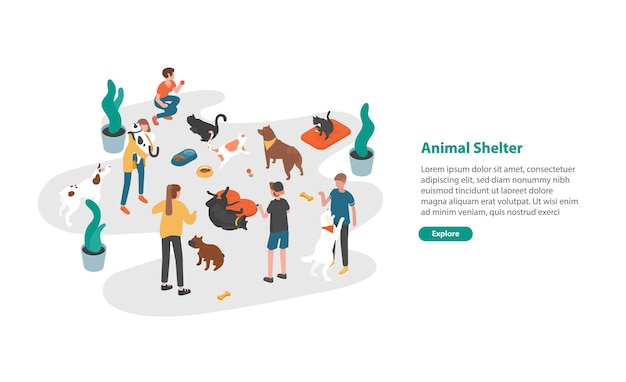 Modèle De Bannière Web Avec Des Personnes Ou Des Bénévoles Nourrissant Des Animaux De Compagnie Et Jouant Avec Eux Dans Un Refuge Pour Animaux, Une Fourrière, Un Centre De Réadaptation Ou D'adoption Pour Chats Et Chiens. Illustration Vectorielle Isométrique Colorée.