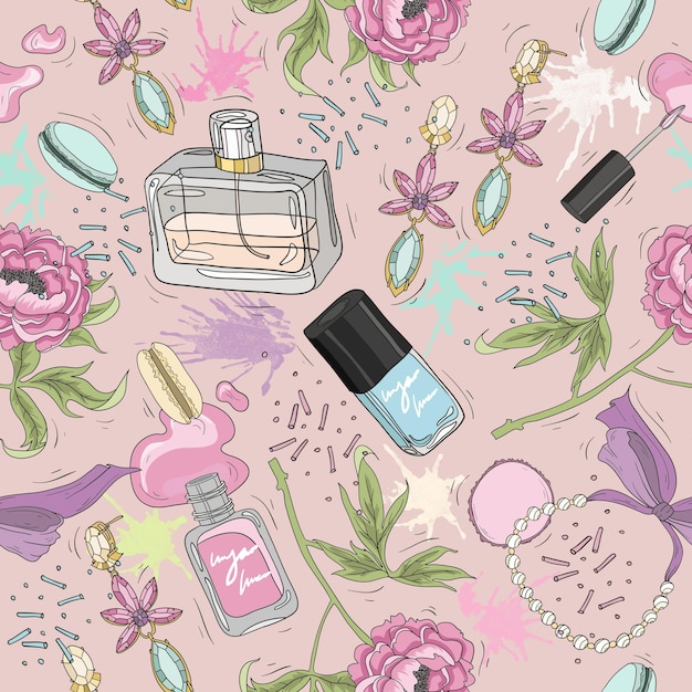 Modèle De Beauté Sans Couture Avec Maquillage Bijoux De Fleurs De Vernis à Ongles De Parfum