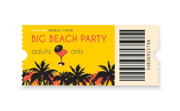 Modèle De Billet De Fête De Plage Pour Adultes Billet D'entrée Jaune Avec Une Image De Palmiers Et Un Cocktail Vecteur