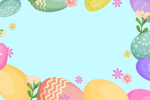 Un modèle blanc de Pâques avec des œufs et des fleurs autour.