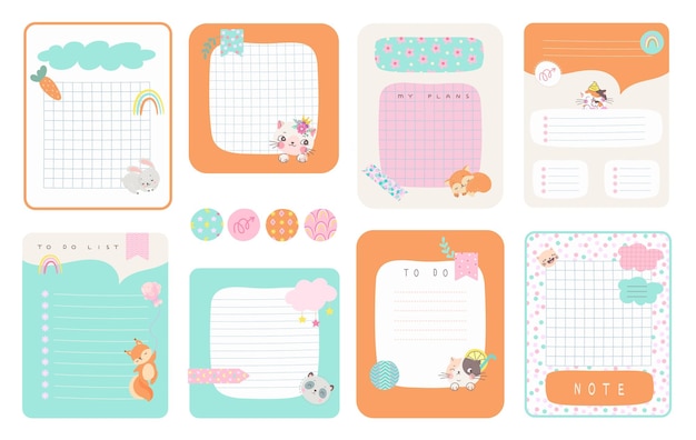 Modèle de bloc-notes Notes de liste de pages organisant le journal du bloc-notes pour les enfants utilisés Conception de planificateur mignon avec des autocollants bloc-notes vierge ou ensemble de vecteurs de bloc-notes d'aujourd'hui d'illustration de modèle de page de liste de bloc-notes