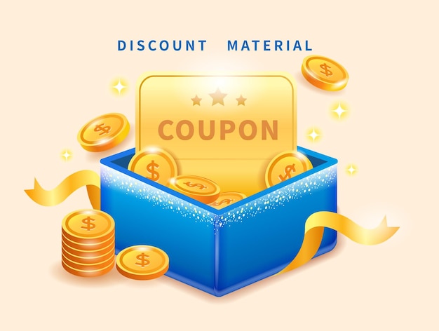 Vecteur modèle de bon cadeau coffret cadeau bleu avec coupon de loterie de ruban d'or avec décoration de pièces d'or