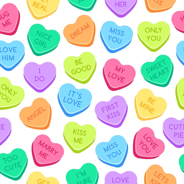 Modèle de bonbons coeur doux. Coeurs colorés de valentines, bonbons de conversation d'amour et illustration transparente de bonbons amoureux