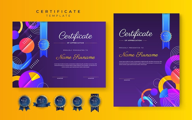 Modèle de bordure de certificat de réussite bleu violet jaune moderne avec insigne de luxe et motif de ligne moderne Pour les besoins des entreprises et de l'éducation