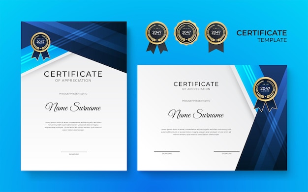 Modèle de bordure de certificat de réussite en or bleu et blanc avec badge de luxe et motif de ligne moderne. Pour les récompenses, les affaires, la conception, l'appréciation, les besoins d'entreprise et d'éducation